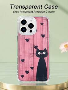 1 pieza Funda transparente con diseño de gato negro sobre fondo rosa de madera con corazones estilo dulce y romántico ideal para regalo en San Valentín protección contra caídas carcasa transparente ligera y resistente, compatible con iPhone 17/16/15/14/13/12/11/XS/XR/X/PLUS/PRO/PROMAX, compatible con Galaxy A34/A35/A54/A55, Galaxy S20/S21/S22/S23/S24 Ultra/Plus, compatible con Moto/Galaxy/Redmi/Honor/OPPO, regalo ideal para fiestas - transparente - Ver 2