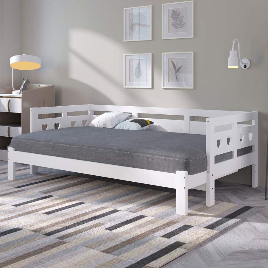 Extendable Daybed, 90 X 190 Cm, Solid Pine, With 2nd Sleeping Space And Slatted Base, Heart Shape, White - White + Wood - View 1