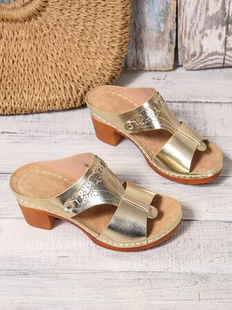 女士佩斯利花纹波西米亚风PU皮镂空粗跟沙滩凉鞋，春夏款