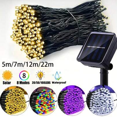 1pc 20/50/100/200 LED 5m/7m/12m/22m Solar String Lights With 8 Lighting Modes, Suitable For Garden, Patio, Yard, Fence, Pathway, Holiday, Halloween, Tree, Wedding, Party, Lawn, Camping [Solar Powered]