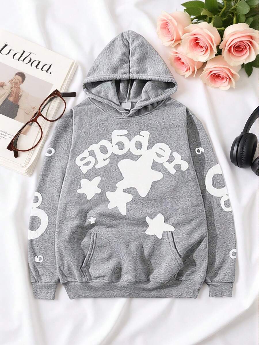 Men's Hip Hop Spider Web Pattern Graphic Alphabet Print Y2k Hoodie - 灰色2 - 查看 1