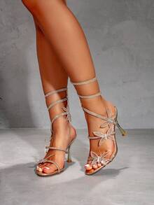 Giày sandal cao gót gợi cảm, sandal dự tiệc quai xoắn đính đá hình bướm, giày mùa hè. - Vàng - Xem 5