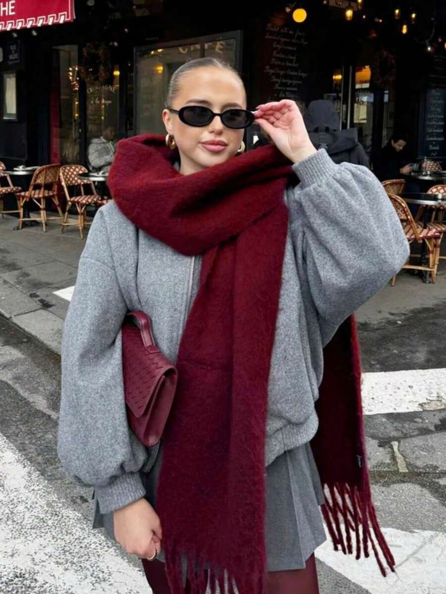 Winter Scarf Women Luxury Autumn Winter Cashmere Scarf Thickened Warm Shawl Classic Tassels Fluffy Scarf Solid Color Soft Shawl - 2205DS026-26 - 查看 1