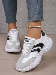 女士休闲运动鞋，新款春秋季真皮鞋面厚底低帮系带圆头户外休闲运动休闲白色鞋 - 黑色 - 查看 1