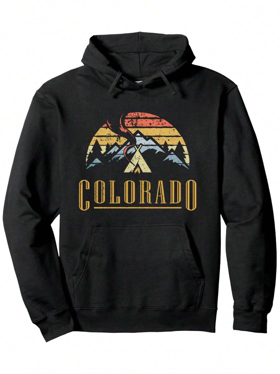 1pc - Hot Selling New Products - Antique Colorado Mountain Bonfire Pattern Hoodie - Casual Long Sleeved Pullover With Kangaroo Pocket Drawstring Sweatshirt, Polyester Mixed Cotton Knitted Fabric, Digital Heat Transfer Printing, All Season Hooded Sweatshirt - màu đen - Xem 1