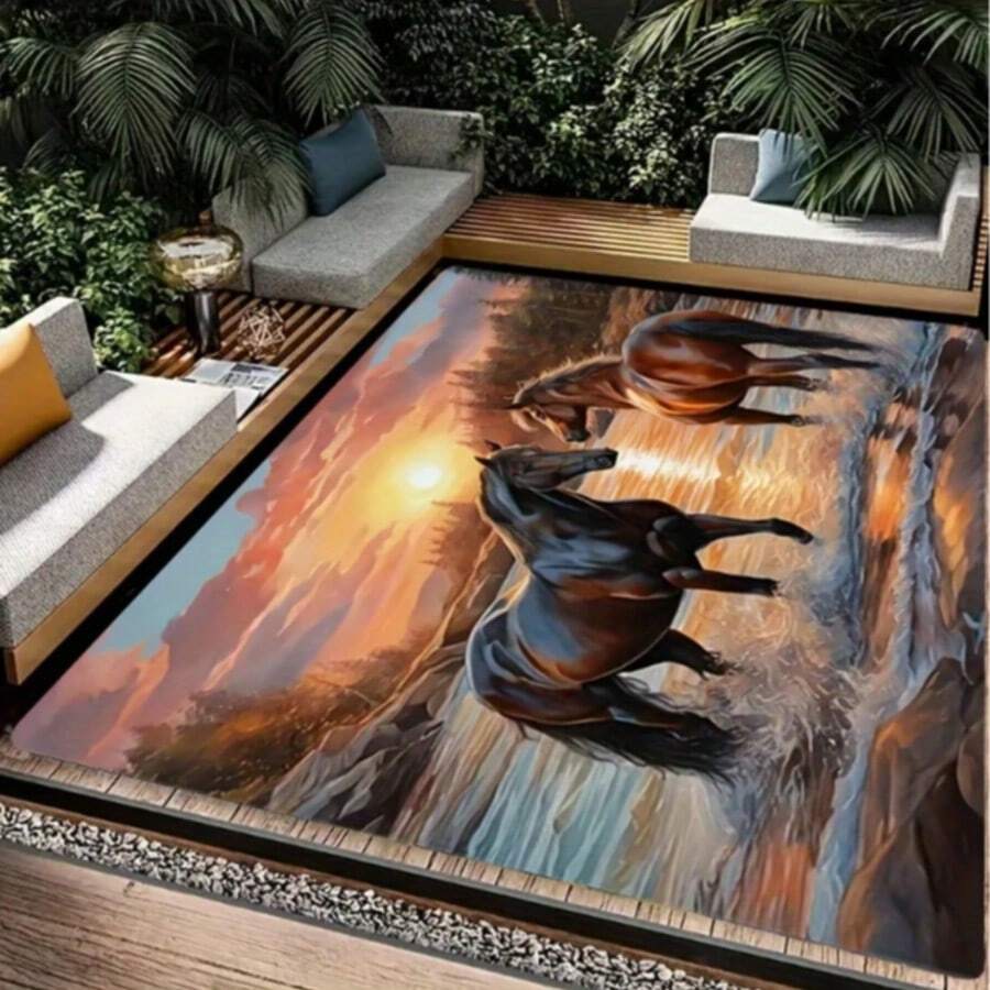 1pc Majestic Horse Sunset Reflection Area Rug - Non-Slip, Soft Polyester Mat For Living Room Or Bedroom Decor, Machine Washable With Galloping Horse Artistic Design, Horse Decor - Multicolor - View 1