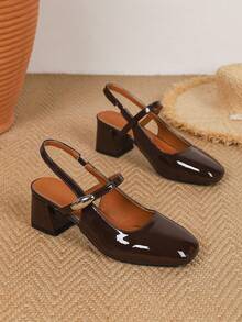 Women's Simple Buckle Accent Chunky Heel Office/School Casual Pumps - Brown - View 6