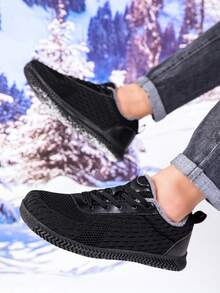 1 Pair Men's Solid Color Wide-Fit Casual Sneakers, Lace-Up, Warm, Non-Slip, Wide Toe Box, Outdoor Wear, Winter