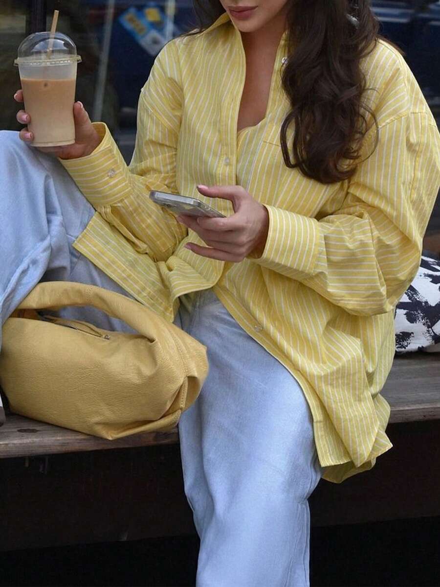 Look Polly 女士夏季 Y2K 条纹长袖衬衫，奶油黄单排扣休闲时尚，沙滩风，带口袋设计，返校季，复古风可爱教师衬衫，宽松纽扣衬衫，教师，情人节音乐会时尚衬衫，春季 - 黃色 - 查看 1