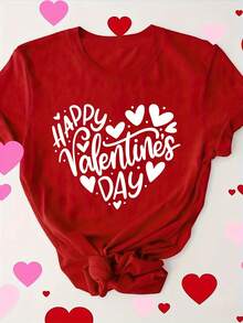 Women's Casual Round Neck Short Sleeve T-Shirt With Heart Pattern, Valentine's Day - Red - View 1