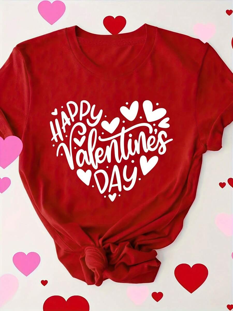 Women's Casual Round Neck Short Sleeve T-Shirt With Heart Pattern, Valentine's Day - Red - View 1