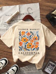 Camiseta de manga corta de cuello redondo con estampado floral naranja y azul de California, de diseño de moda y versátil para mujer
