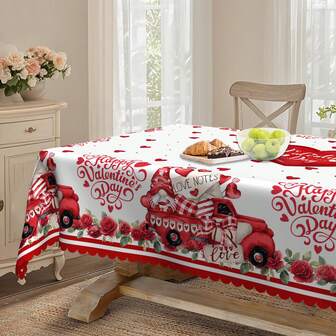 1 pieza Mantel con tema del Día de San Valentín - Mantel con patrón de camión con corazón rojo y gnomo, cálido y romántico - Tela de poliéster duradera - Adecuado para mesas rectangulares o redondas, perfecto para cena de San Valentín, boda, aniversario, fiesta o decoración del hogar diaria