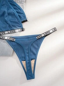 1 Set Women Sexy Deep V Chain Front Closure Lingerie Set With Love Letter Silver Thread Decor, Includes Bra And Thong Panty