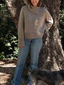 Women's Solid-Color Tops, Long-Sleeved Button Detail Pullover Sweater, Casual Streetwear, Popular In Autumn And Winter, Versatile For All Occasions, Work,Thanksgiving,Christmas Sweater