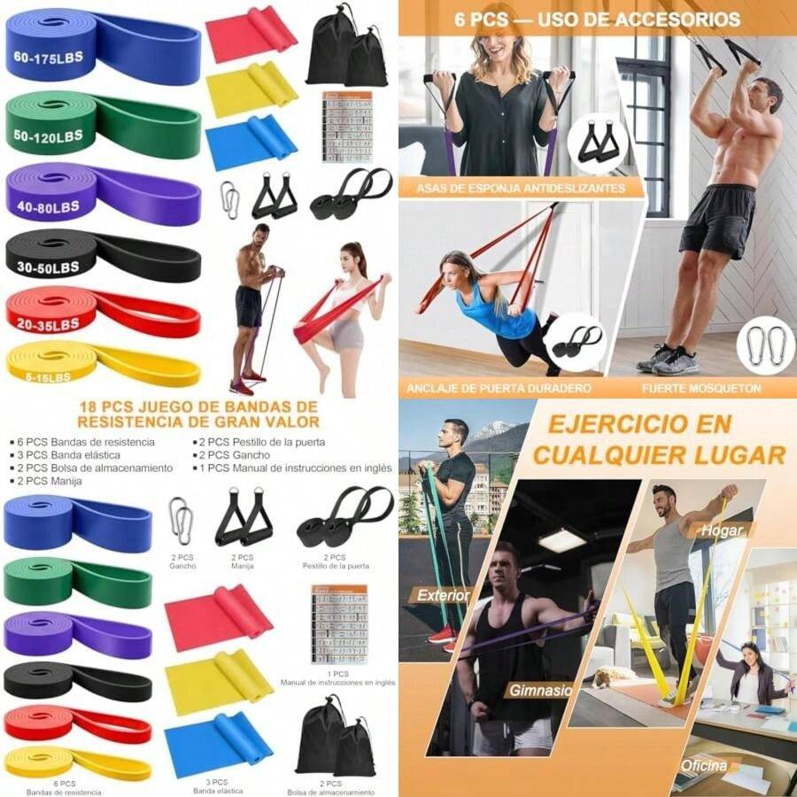 18PCS Bandas de Resistencia, Ligas de Resistencia para Ejercicio,y Correas de Yoga Elásticas,con 2 Asas, Anclaje para Puerta, Gancho y Bolsa,para Ejercicio, Fitness, Entrenamiento, etc(default) - Multicolor - Ver 1