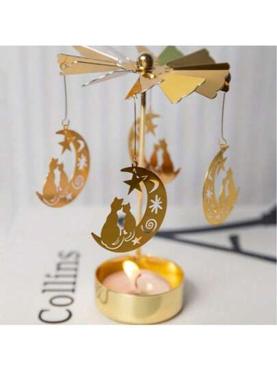 A Rotating Golden Candelabra Decoration With A Windmill Design And Moon Shape, Suitable As A Halloween And Christmas Gift. Rotating Candelabra (Candles Not Included). The Golden Rotating Candelabra Creates A Romantic Wedding, Christmas Party, Or Home Dining Table Decoration. Holiday Gift (Style Random), Suitable For Ramadan, Middle Eastern, And Muslim Use.