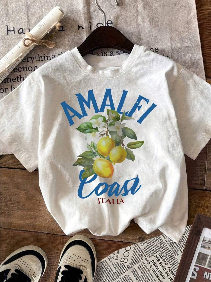 1pc Cotton Amalfi Coast Italy Graphic Print Women's Casual Short Sleeve Crew Neck T-Shirt For All Seasons - 白色 - 查看 1