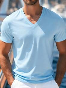 Men's Solid Color Minimalist Daily Wear V-Neck Short Sleeve T-Shirt - Baby Blue - View 1