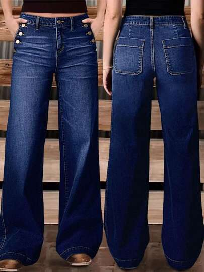 New Women's Multi-Button Washed Fit Straight Leg Casual Jeans , High Quality Denim Trousers