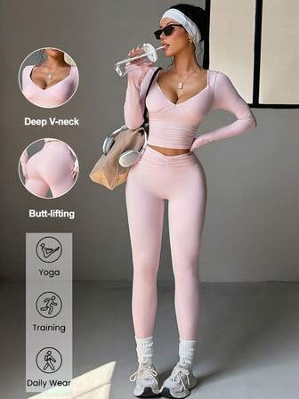 Conjunto de yoga de dos piezas para mujer Aoqta Sports: Top de manga larga con cuello en V de unicolor y pantalones slim de cintura alta para ocio, deportes al aire libre, running y fitness