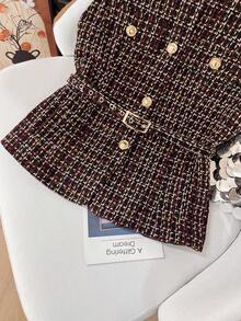 GMFP 女士亮片装饰外套，休闲优雅通勤装，金属单排扣圆领系带串珠亮片纹理斜纹软呢背心，新年/情人节夏季款 - 紅棕色 - 查看 10