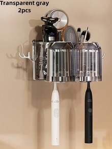 2pcs/3pcs/4pcs Large Capacity Storage Rack, Viral Suction Cup Toothbrush Holder, Wall-Mounted Toothbrush Cup Rack, No Drilling Mouthwash Cup & Toothpaste Organizer, With Rinse Cup