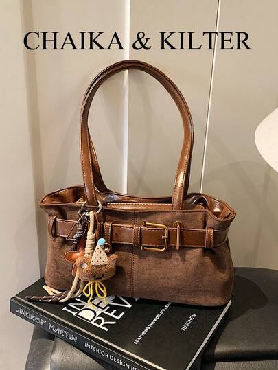 1pc CHAIKA & KILTER Solid Color Suede-Like Fabric With PU Leather Shoulder Bag, Vintage Fashion Hobo Bag With Strap Decor, Zipper Closure, Dual Handles, Suitable For Daily Use (Sold With Pendant)