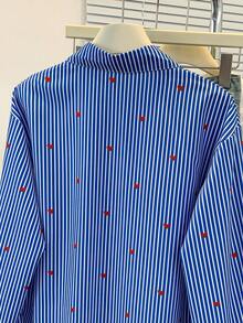 女士心形印花 Polo 领条纹衬衫 - 休闲纽扣长袖衬衫，适合春、夏、秋季日常穿着 - 深藍色條紋 - 查看 9