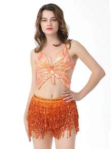 Bộ 2 váy tua rua sequin dây mảnh ngày lễ, trang phục biểu diễn múa bụng Latin, thích hợp cho lễ Halloween - Nhiều màu - Xem 3