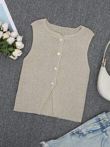Women's Short Knit Cardigan Vest Sleeveless With Front Buttons, Regular Hem And Medium Stretch Fabric - Khaki - View 4