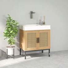 Móvel de lavatório Kleankin com compartimento de arrumação, móvel de lavatório com aspeto de rattan, armário de casa de banho com dispositivo anti-tombamento, carvalho, 60 x 39 x 60 cm - Caqui - Ver 2