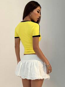 Women's Summer Round Neck Short Sleeve Contrast Color Print T-Shirt - Yellow - View 2