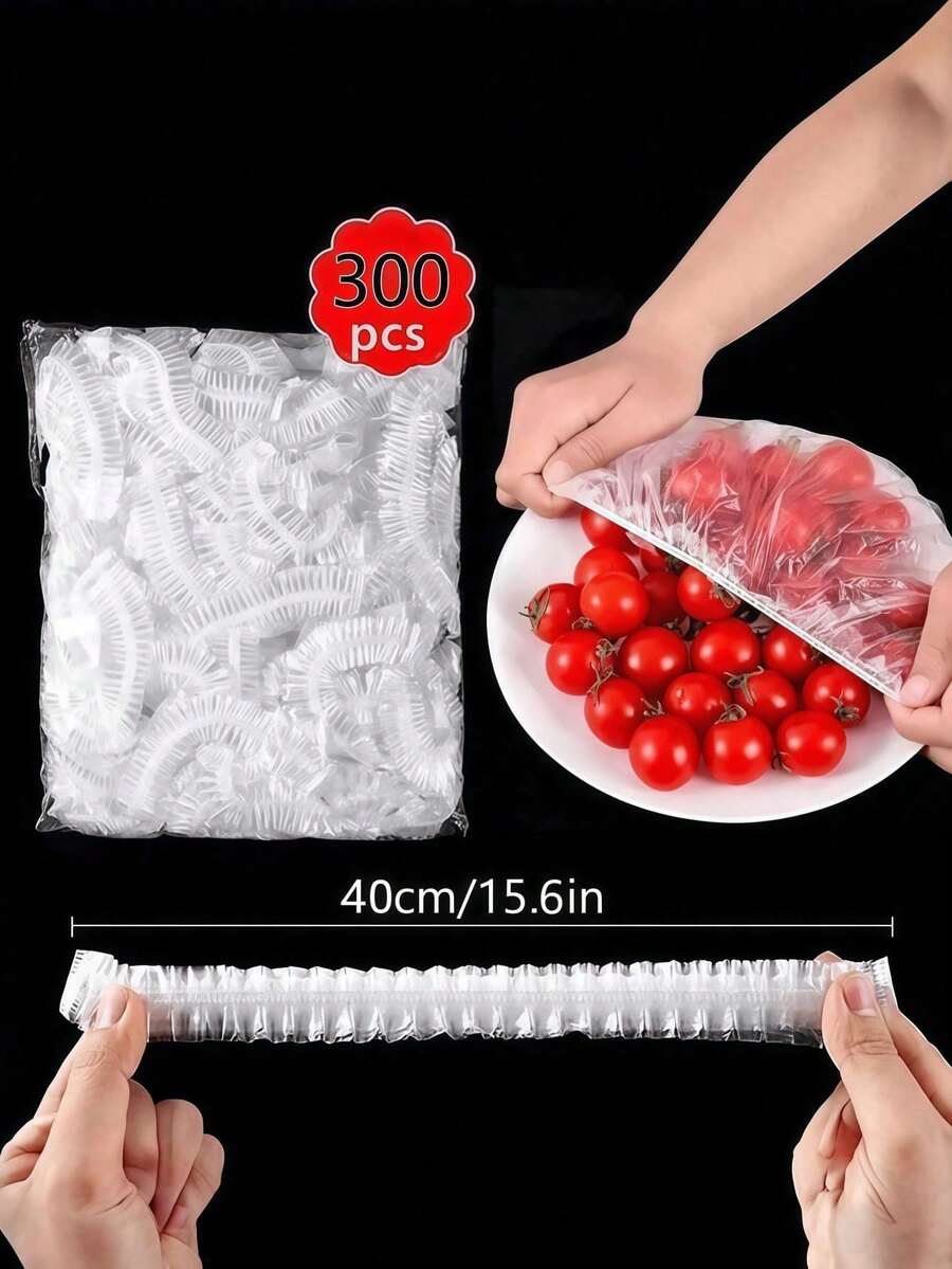 Bộ 300 miếng/3 gói màng bọc thực phẩm dùng một lần và mũ tắm, màng bọc thực phẩm PE tái sử dụng, màng bọc thực phẩm trong suốt, túi nhựa PE, nắp đậy bát dùng một lần co giãn.