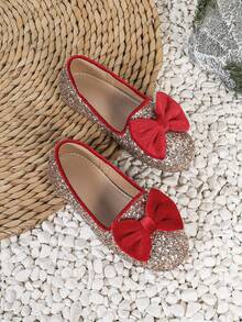 1 Pair Girls' Red Bow Decor Slip-On Flat Princess Shoes, Suitable For All Seasons - Red - View 8