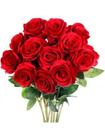 1/5/10支装情人节婚礼装饰人造丝花逼真玫瑰花束，长茎，适用于家居婚礼装饰派对