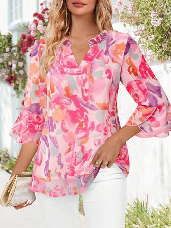 CheersLife Women's Fancy Blouses Double Layers Mesh Dressy Tops 3/4 Ruffle Bell Sleeve Shirts