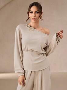 女士秋冬复古风针织毛衣 – 纯色，宽领，落肩袖，花卉点缀，宽松版型，适合日常休闲和新年购物 - 麻色 - 查看 7