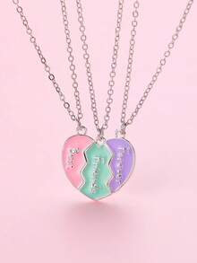 3 件心形锌合金粉色、蓝色、紫色珐琅磁性吊坠项链，适合女性和朋友的珠宝礼物