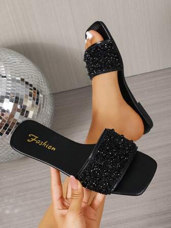 Women's One-Strap Rhinestone Sandals, Casual Versatile Outdoor Plastic Flat Slippers