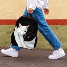 1pc Black And White Cat Large Capacity 17-Inch Casual Backpack With Laptop Compartment, Adjustable Shoulder Straps, And Water Bottle Holder - Durable Lightweight Design For School, Work, Travel, And Picnics - Unique Gift For Family And Friends, Backpack For School, Work Commute, And Travel, Playful Design, Sturdy Construction - màu đen - Xem 4