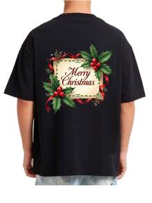 Retro Festivo Estampado Posterior Árbol Navideño + Acebo Negro y Blanco Manga Corta - Suave Transpirable Algodón% 220g Ajuste Libre Camiseta Unisex Tallas S-3XL para Fiestas Navideñas Ocio Diario Regalo - Negro - Ver 6
