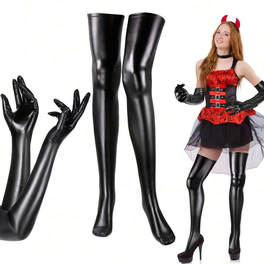 2pcs/Set Shiny Tights And Stretchy Sequin Gloves Set, Thigh High Stockings Are Essential Items For Women's Valentine's Day, Carnival, Halloween Costumes - Multicolor - View 1