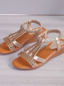 Sandali con zeppa boho in stile estivo con strass, sandali da spiaggia per donna con cinturini intrecciati, suola spessa comoda e antiscivolo - Dorato - Visualizzare 4