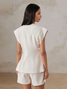 2pcs V-Neck Vest Suit For Women, Commuting Casual Fashion Slimming Versatile Top & Shorts Set - Apricot - View 4