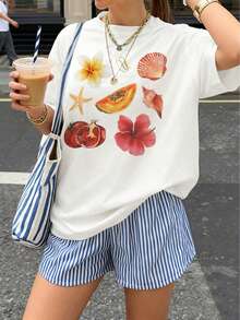 女士Y2K时尚休闲百搭度假纯色简约风格花卉、贝壳、海星、水果图案圆领短袖T恤，春夏款