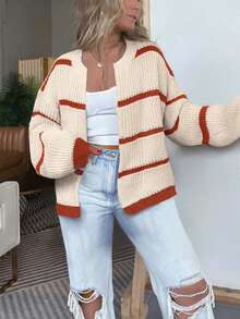 Women's Color-Block Striped Top, Round-Neck Long-Sleeved Button-Up Cardigan Sweater, Casual Streetwear, Suitable For All Seasons And Highly Popular For, Women's Outwear, Women's Office, Women's Cardigan,Christmas For Women,Thanksgiving For Women.