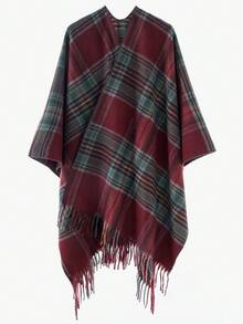 1pc Women's Fashionable Plaid Warm Scarf Shawl Poncho - Wine Red-a - View 4