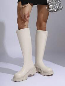 女士新款厚底高筒修身过膝长靴，英伦风增高，适合秋冬季穿着 - 杏色 - 查看 2