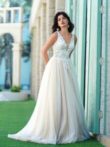 YOUKEFEIER Elegant V-Neck Lace Beaded Long Champagne Wedding Dress - Apricot - View 7